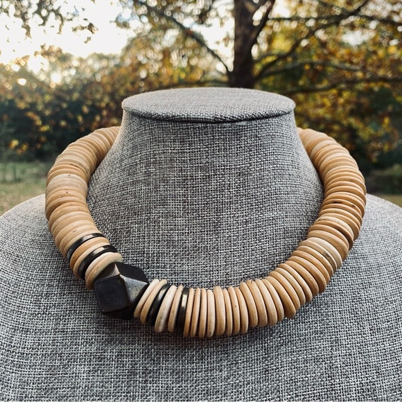 Vintage Wood Collar Necklace w. Metallic Off-Centre Geometric Bead - Picture 1 of 8